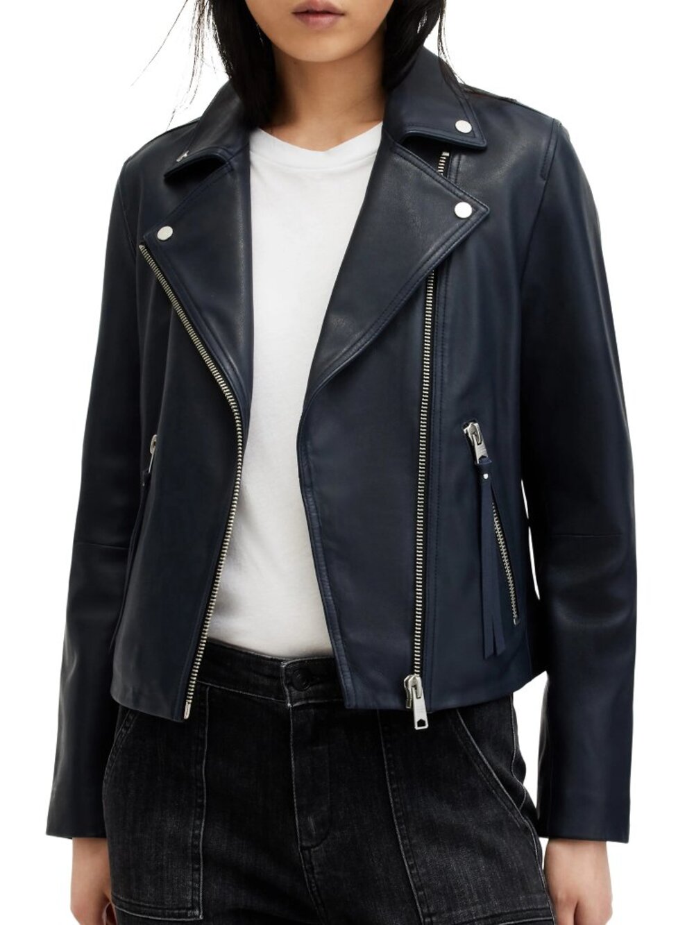 AllSaints Dalby Navy Blue Leather Biker Jacket